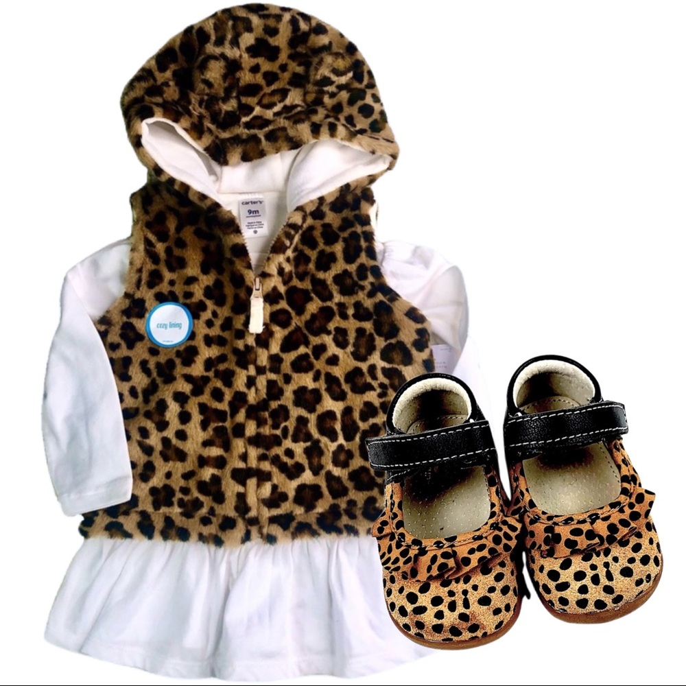 Carter’s Leopard Fur Hooded Zippered Vest & Long Sleeve Tee Dress Size 9 -12 mo.